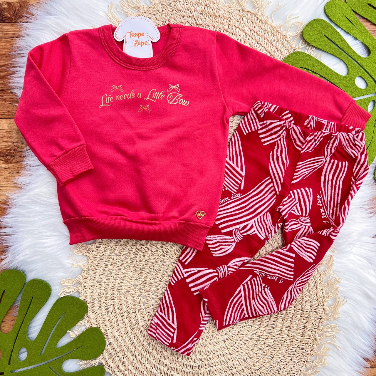  Conj. Casaco Life needs a Little Bow e Calça Legging - Vermelho e Dourado